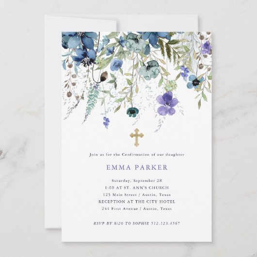 繊細なワイルドフラワーパープルとブルーの確認 招待状 (正面)