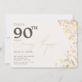 繊細なワイルドフラワーピンク黄色90誕生日 招待状 (正面)