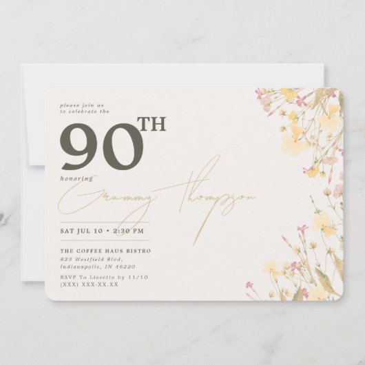 繊細なワイルドフラワーピンク黄色90誕生日 招待状 (正面)