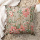 繊細なヴィンテージピンクのフローラ葉グリーンズonウッド クッション (ブランケット)