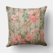 繊細なヴィンテージピンクのフローラ葉グリーンズonウッド クッション (裏面)