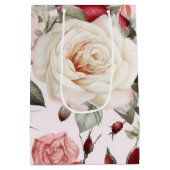 繊細なヴィンテージピンクホワイトとレッドローズ ミディアムペーパーバッグ (裏面)