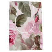 繊細なヴィンテージ ピンクのバラ ミディアムペーパーバッグ (正面)