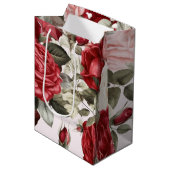 繊細なヴィンテージ ピンク 白 赤いバラ ミディアムペーパーバッグ (正面アングル)