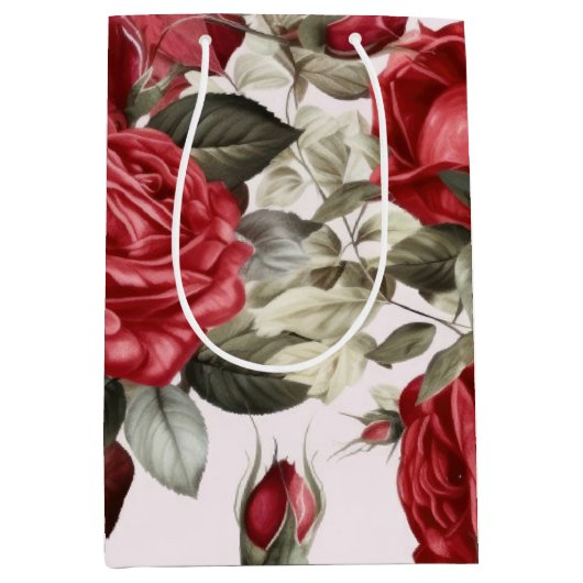 繊細なヴィンテージ ピンク 白 赤いバラ ミディアムペーパーバッグ (正面)