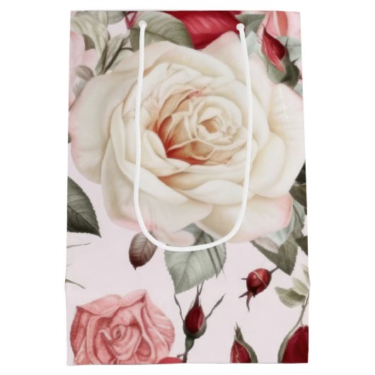 繊細なヴィンテージ ピンク 白 赤いバラ ミディアムペーパーバッグ (裏面)