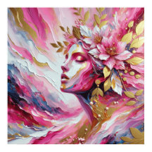 繊細な優美な女性の顔　儚げなピンクの葉のポスター