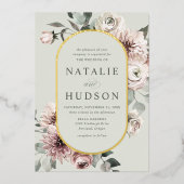 繊細な冬のフローラフレームセージ結婚グリーン 箔招待状 (正面)