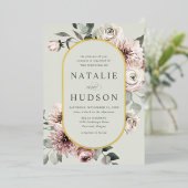 繊細な冬のフローラフレームセージ結婚グリーン 箔招待状 (立ち正面)