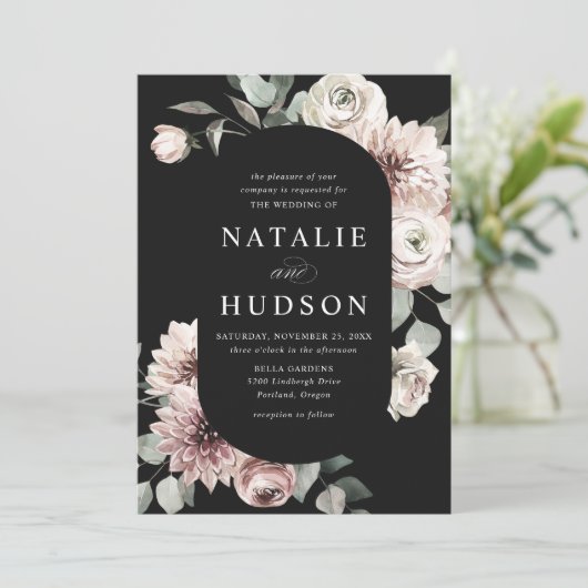 繊細な冬のフローラフレームブラック結婚ズ 招待状 (スタンド正面)