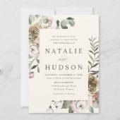 繊細な冬のフローラフレーム結婚アイボリー 招待状 (正面)