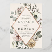 繊細な冬のフローラフレーム結婚アイボリー 箔招待状 (正面)