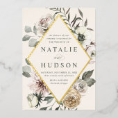 繊細な冬のフローラフレーム結婚アイボリー 箔招待状 (正面)