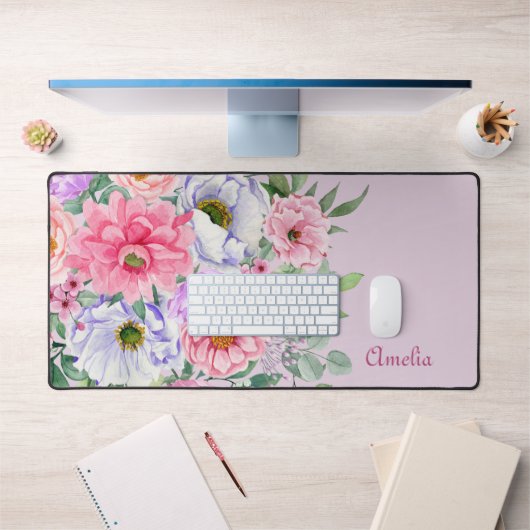 繊細な夏の庭の花模様と名前 デスクマット (オフィス1)