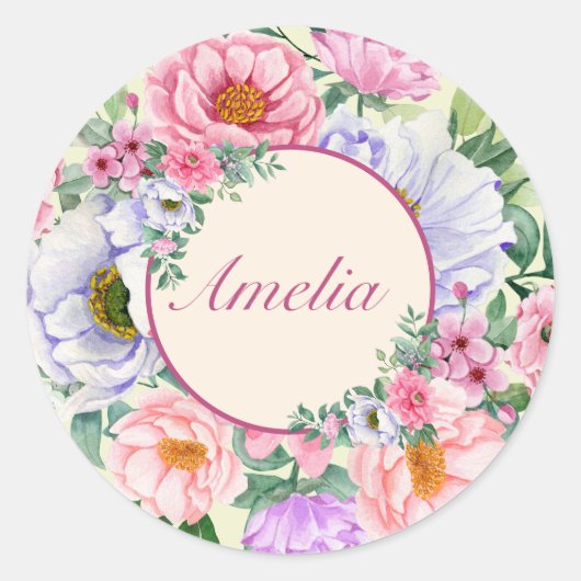 繊細な夏の庭パーティー花 ラウンドシール (正面)