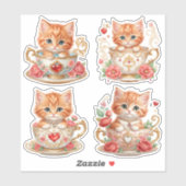 繊細な子猫とティーカップのステッカー - 花柄デザイン シール (シート)