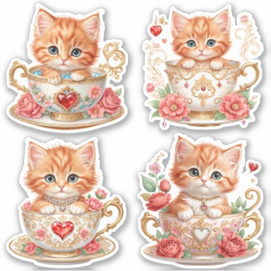 繊細な子猫とティーカップのステッカー - 花柄デザイン シール (正面)