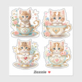 繊細な子猫とティーカップのステッカー - 花柄デザイン シール (シート)