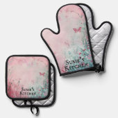 繊細な山花と蝶パーソナライズされた々 鍋つかみ&鍋敷きセット (正面/裏面)