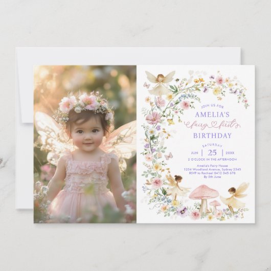 繊細な山花妖精の最初の誕生日の写真 招待状 (正面)