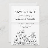 繊細な手描きの野生の花の自然な世界 ブラック＆ホワイト セーブザデート (正面/裏面)