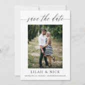 繊細な手書き風フォントのミニマルな写真結婚式 セーブザデート (正面)