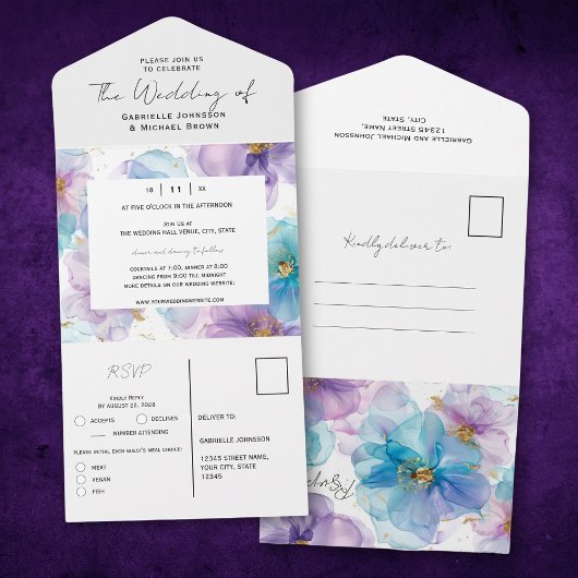 繊細な明るい半透明の青のフローラ結婚ズ オールインワン招待状