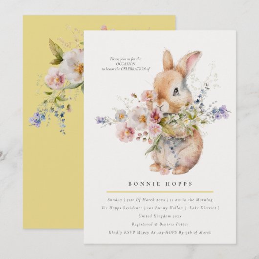 繊細な春のベイビーバニー花束 招待状 (正面/裏面)