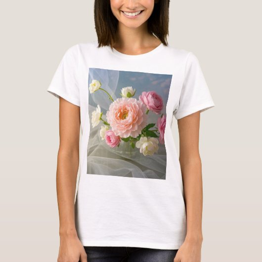 繊細な時間の無エレガントいピンクの花 Tシャツ (正面)