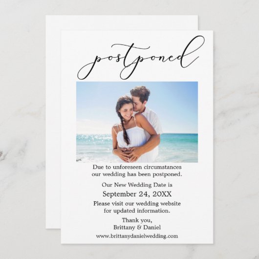 繊細な書結婚道の延期された写真カード セーブザデート (正面/裏面)