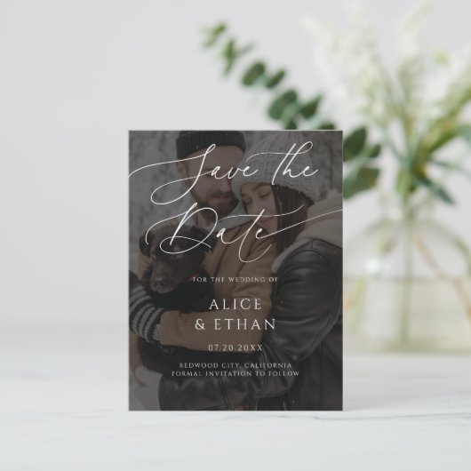 繊細な書道フォトウェディング日付を保存 インビテーションポストカード (スタンド正面)