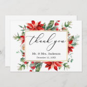 繊細な書道ポインセチア緑結婚園 サンキューカード (正面/裏面)