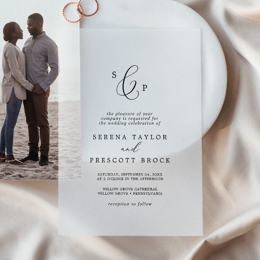 繊細な書道モノグラムエレガントな結婚式 ベラム紙招待状