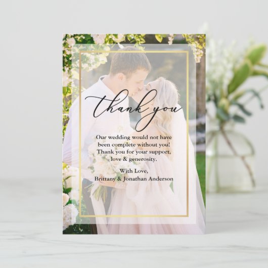 繊細な書道結婚の金ゴールド枠オーバーレイ サンキューカード (スタンド正面)