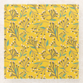 繊細な枝と蕾の花模様 ガラスコースター