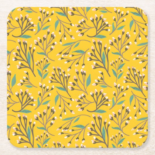 繊細な枝と蕾の花模様 スクエアペーパーコースター (正面)