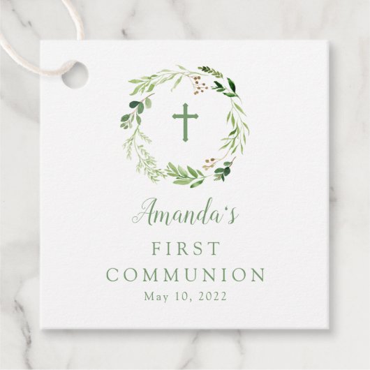 繊細な柔らかい緑の葉のリース最初の聖餐会 フェイバータグ (正面)