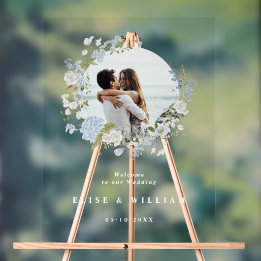 繊細な柔らかい青の花の花輪の結婚式へようこそ アクリルサイン (ニュートラル)