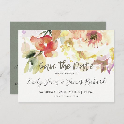 繊細な桃のピンクの水色フローラ日付を保存 案内ポストカード (正面/裏面)