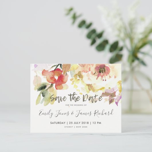 繊細な桃のピンクの水色フローラ日付を保存 案内ポストカード (スタンド正面)