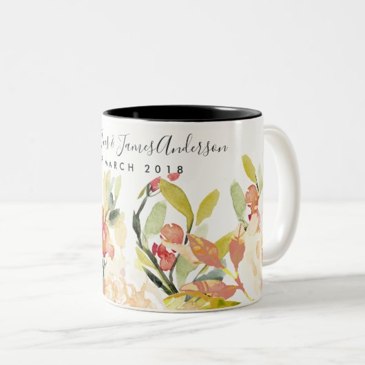 繊細な桃の水の色のフローラ日付のギフトを保存 ツートーンマグカップ (正面右)