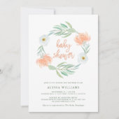 繊細な桃の花とユーカリ | ベビーシャワー 招待状 (正面)