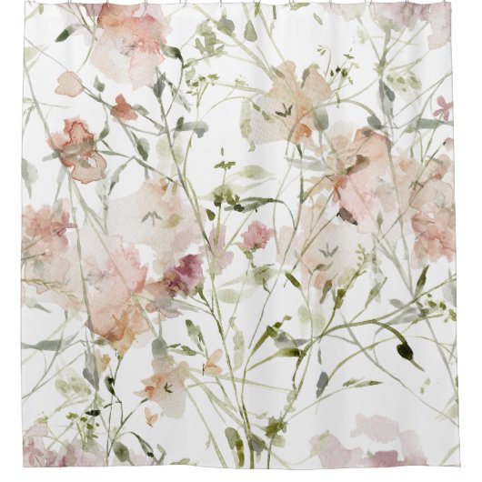 繊細な桃の花の模様(緑離れの) シャワーカーテン (正面)