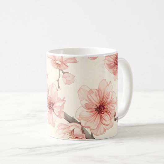 繊細な桜のシームレス フローラル コーヒーマグカップ (正面右)