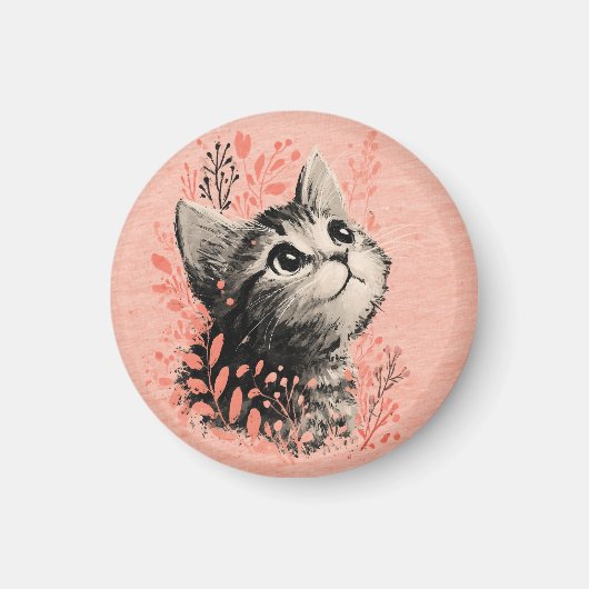 繊細な植物のアクセントが可愛い子猫のイラスト マグネット (正面)