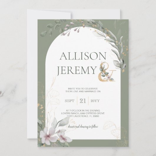繊細な植物セージ緑のアーチウェディング招待 招待状 (正面)