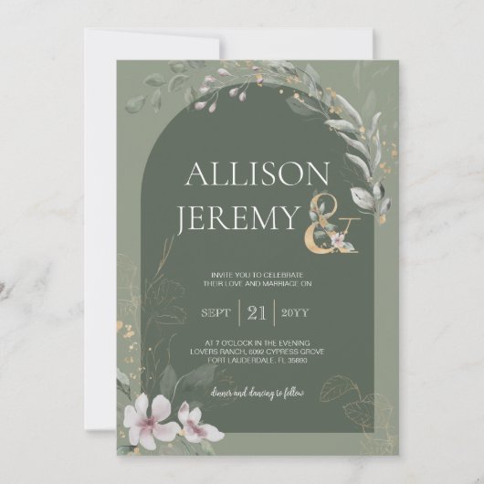 繊細な植物セージ緑のアーチウェディング招待 招待状 (正面)