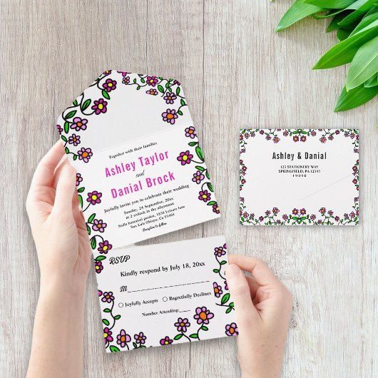 繊細な植物園花のフローラ結婚ズ オールインワン招待状