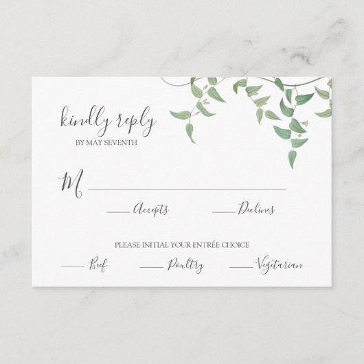 繊細な植物結婚のヴィンテージ緑RSVP エンクロージャーカード (正面)