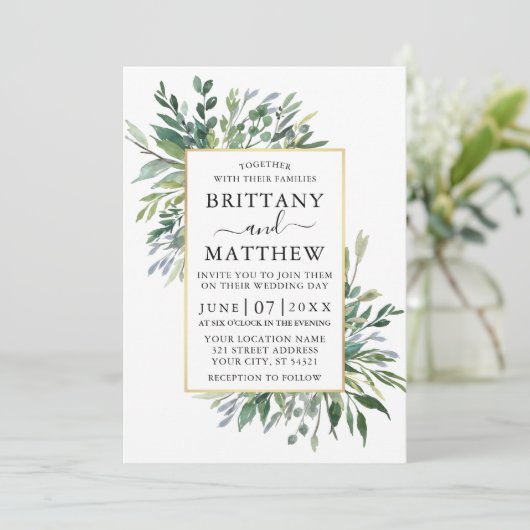 繊細な水の色の緑の写真の金ゴールド結婚ズ 招待状 (スタンド正面)